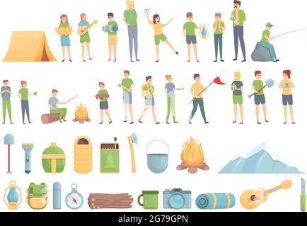 Camping trip with kids icons set cartoon vector. Kid camp boy. Scout travel Stock Vector