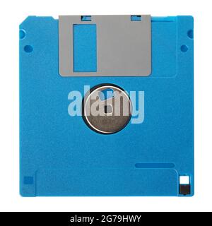 Blue floppy disk back with blank label isolated on white background, clipping path Stock Photo