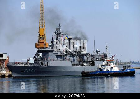 Non Exclusive: ODESA, UKRAINE - JULY 10, 2021 - TCG Barbaros (F244) frigate of the Turkish Navy leaves the port after the end of the Exercise Sea Bree Stock Photo