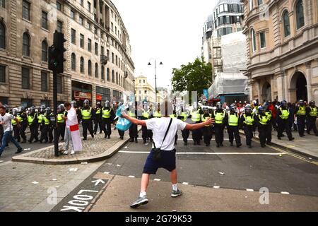 England fans gathered in central London hours before the Euros 2020 Final between England and Italy 11th July 2021; there was joy & disorder. Stock Photo