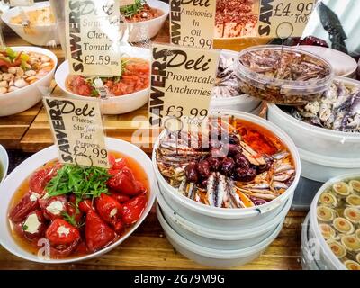 Belfast, UK, December, 2019. Pickled dishes with price tags from SAWERS, SAWERS, a famous food shop in Belfast city. Stock Photo