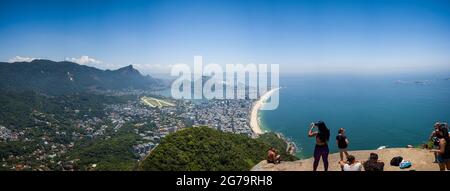 Panoramic view of Ipanema/Leblon Beach and Lagoa Rodrigo de Freitas as viewed from the top of Dois Irmaos Two Brothers Mountain in Rio de Janeiro, Brazil Stock Photo