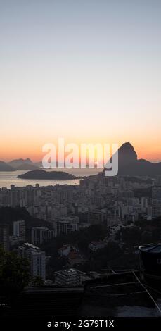 Early morning shot during Sunrise of Sugarloaf Mountain and Botafogo in Rio de Janeiro, Brazil Stock Photo