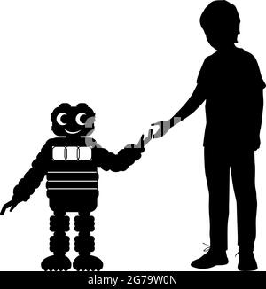 Silhouettes boy and robot. School of Robotics. Symbol illustration icon logo Stock Vector