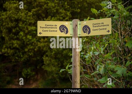 Signs and trail markings on the Lluçanès Central Trashumance trail, in central Catalonia (Osona, Barcelona, Catalonia, Spain) Stock Photo