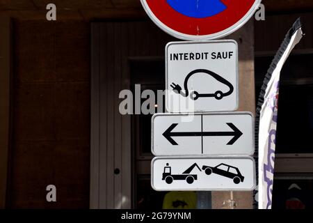 Marseille, France. 10th July, 2021. Electric car charging station signs in 'rue de la loge' in Marseille. (Photo by Gerard Bottino/SOPA Images/Sipa USA) Credit: Sipa USA/Alamy Live News Stock Photo