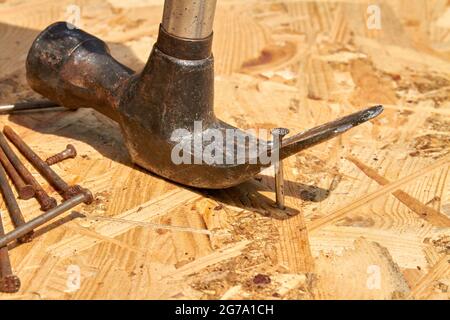 Close-up metal hammer with nails on plywood background. Stock Photo