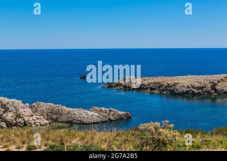 Rocky coast, Son Parc, Menorca, Balearic Islands, Mediterranean, Spain Europe Stock Photo