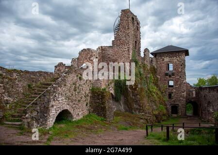 Germany, Saxony-Anhalt, Neustadt, Hohnstein castle ruins near Neustadt in the Thuringian district of Nordhausen. Stock Photo