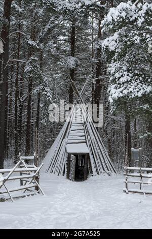 Winter landscape with wooden hut and snow covered trees Stock Photo - Alamy