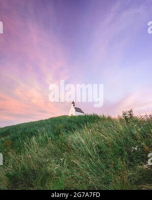 White little church on top of  the hill, De Terp Leidsenveen The Hague The Netherlands Stock Photo