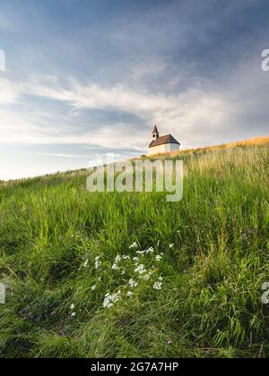 White little church on top of  the hill, De Terp Leidsenveen The Hague The Netherlands Stock Photo