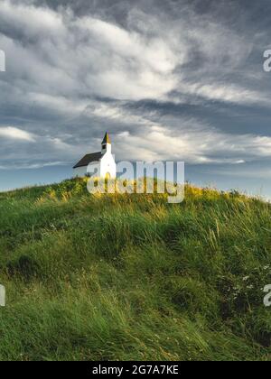 White little church on top of  the hill, De Terp Leidsenveen The Hague The Netherlands Stock Photo