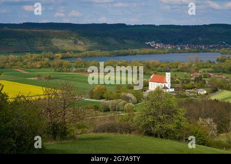 View from Spitzberg to the pilgrimage church Maria Limbach near Limbach am Main and the Mainebene, district of Hassberge, Lower Franconia, Franconia, Bavaria, Germany Stock Photo