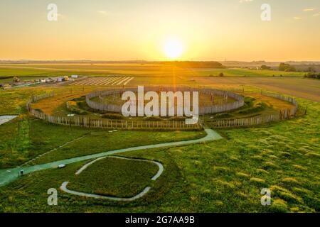 Germany, Saxony-Anhalt, Schönebeck, sunset at the Ringheiligtum Pömmelte, also known as the German Stonehenge by archaeologists. Stock Photo