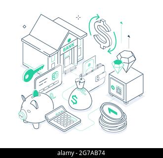 Finances and banking - green and black isometric line illustration. Financial management, investments, budget idea. Banknotes, dollar sign, piggy bank Stock Vector