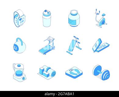 Sport and fitness - modern isometric icons set on white background. Workout, training and yoga equipment, healthcare idea. Smart watch, water bottle, Stock Vector