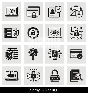 Cyber security icons, such as access control, antivirus, password and more. Stock Vector