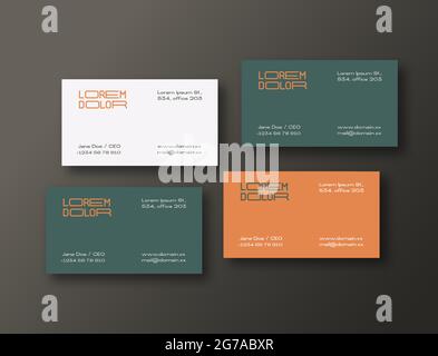 Modern Four Business Cards Template. Realistic Vector Stationary Mockups Scene with Soft Shadows and Typographic Layout. Top View Background Stock Vector