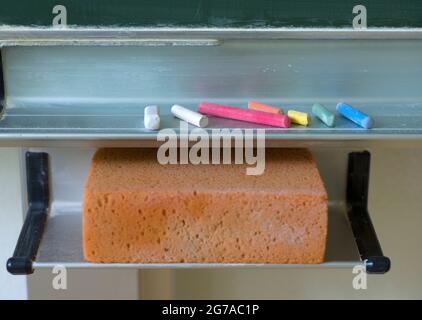 Chalk and sponge, blackboard, classroom, Stuttgart, Baden-Wuerttemberg, Germany Stock Photo