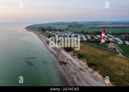 Drone image from the Falshöft lighthouse on the Baltic Sea. Stock Photo