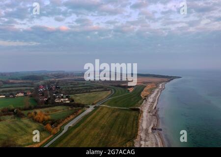 Drone image from the Falshöft lighthouse on the Baltic Sea. Stock Photo