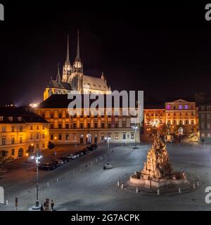 Zelny Trh Cabbage Market and Brno Cathedral Saint Peter and Paul in Moravia Illuminated at Night also called Katedrala Svateho Petra a Pavla Stock Photo