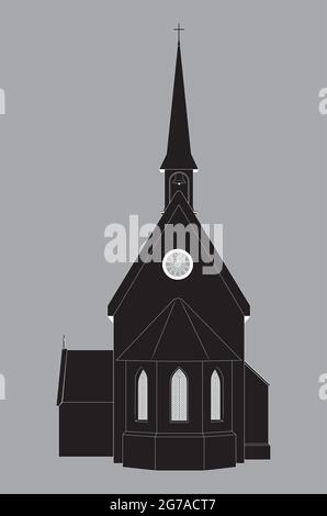 Black silhouette of an ancient catholic church illustration. Stock Vector
