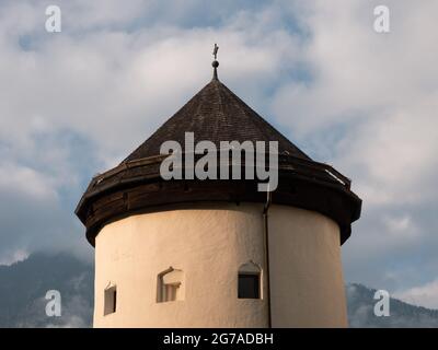 Schloss Goldegg Castle Detail of the Old Round Tower in the Pongau Region of Salzburg, Austria on a Summer Morning Stock Photo