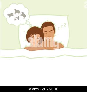 Sleepy awake woman in bed suffers from insomnia. Vector illustration Stock Vector