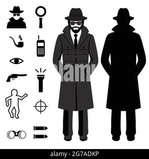 vector spy icon, detective cartoon man, crime illustration Stock Vector