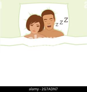 Snoring man. Couple in bed, man snoring and woman can not sleep Stock Vector