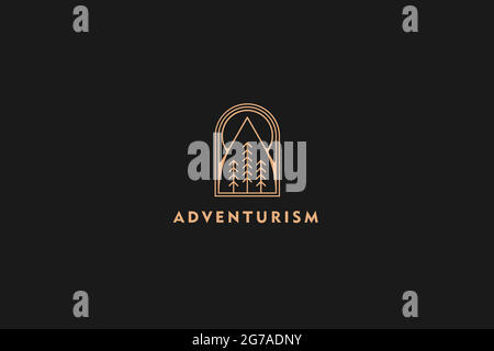 Outdoor badge simple circle logo icon in outline monoline. line style with sun, trees, mountain, and lake.minimalist line art logo template vector ill Stock Vector