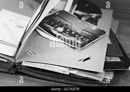 Page of retro photograph album with photos , black and white Stock Photo