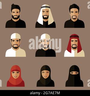 set of flat muslim avatars, vector arab people team, saudi characters Stock Vector