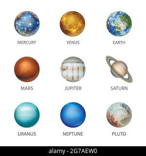 Vector 3d Realistic Space Planet Icon Set Isolated on White Background. The Planets of the Solar System. Galaxy, Astronomy, Space Exploration Concept Stock Vector