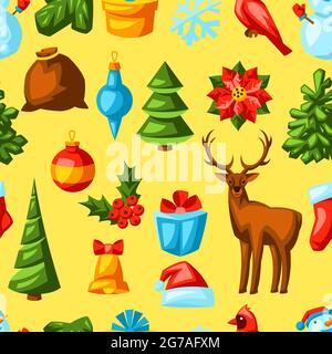 Merry Christmas seamless pattern. Holiday background in cartoon style. Stock Vector