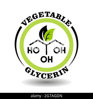 Creative round icon Vegetable Glycerine with chemical formula sign and green leaves symbol for organic food logo, natural cosmetics pictogram, medical Stock Vector