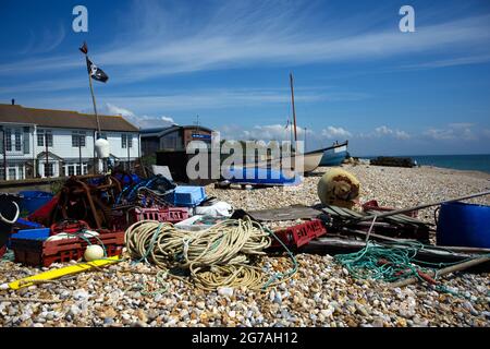 Fishing gear including ropes, pots, buoys and tackle on East Beach Selsey in Southern England. Stock Photo