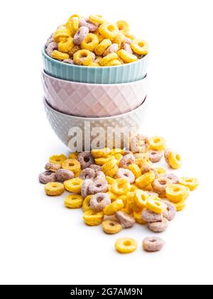 Colorful cereal rings in bowl isolated on white background. Stock Photo
