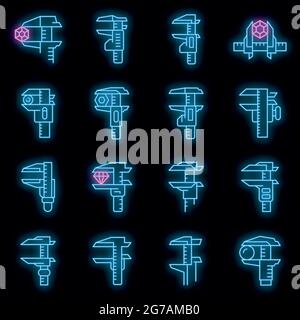 Calipers icons set. Outline set of calipers vector icons neon color on black Stock Vector