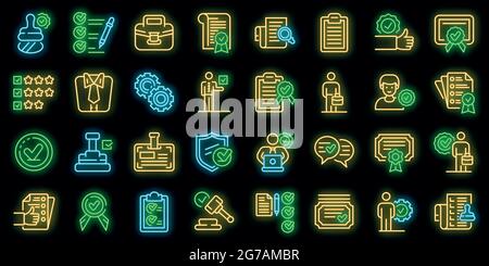 Quality assurance icons set. Outline set of quality assurance vector icons neon color on black Stock Vector