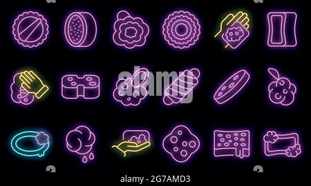 Washcloth icons set. Outline set of washcloth vector icons neon color on black Stock Vector