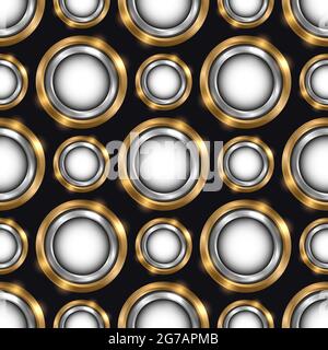 Luxury seamless pattern with jewelry gold and silver circles on black vector background. Abstract geometric circle seamless pattern. Elegant silver Stock Vector