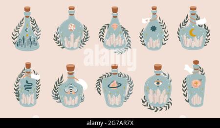 Magic bottle set. Vintage potion collection. Witchcraft art. Flat vector illustration in pastel colors. Stock Vector