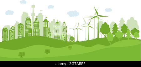 Concept green city with renewable energy sources. Ecological cityб environment conservation. Green city with green trees, wind energy and solar panel. Stock Vector