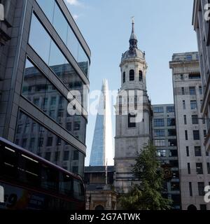 London, Greater London, England - June 12 2021: St Magnus the Martyr, a church of England church by London Bridge. The Shard iin the background. Stock Photo