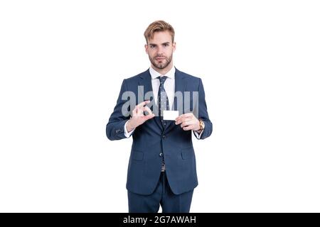 best offer. successful ceo suggest easy banking profit payment. handsome man show ok. Stock Photo