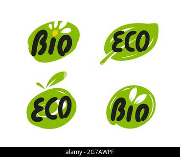 Bio product icon. Eco organic leaf emblems, stickers, logo Stock Vector