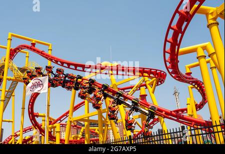 Visitors scare themselves silly on the new Phoenix Roller Coaster in Wonder Wheel Park in Coney Island in Brooklyn in New York over the long Independence Day weekend, Monday, July 5, 2021.  (© Richard B. Levine) Stock Photo